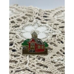 Vintage Little Red School House Gold Tone Enamel Lapel Pin Souvenir 1989